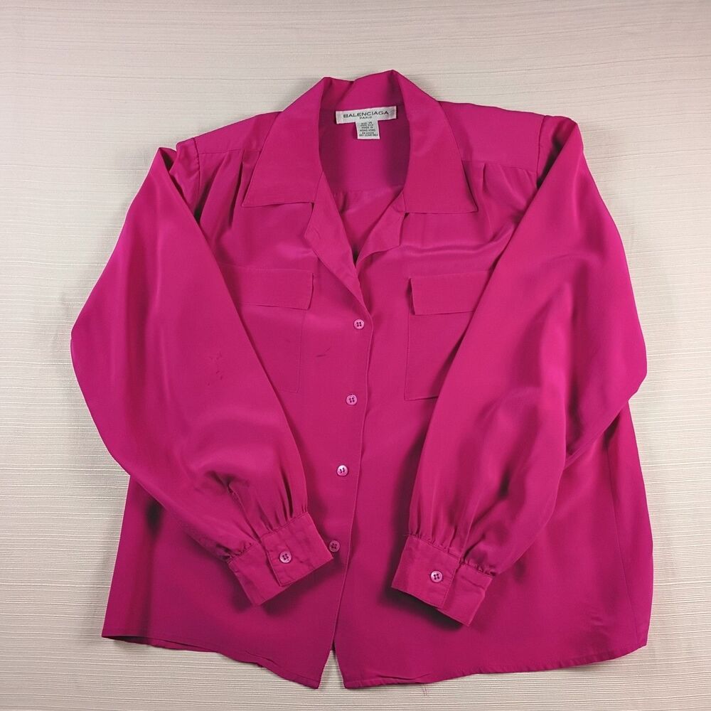 Vintage Balenciaga Paris Bright Pink 100% Silk Camp Collar Blouse Size 14 Stains